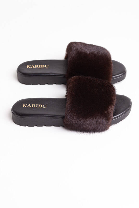 Women's Fur Slides, Sandals with Royal Blue Genuine Fur