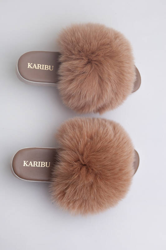 Women's Fur Slides, Sandals with Royal Blue Genuine Fur