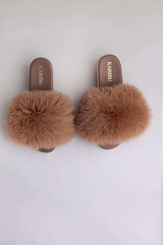 Women's Fur Slides, Sandals with Royal Blue Genuine Fur