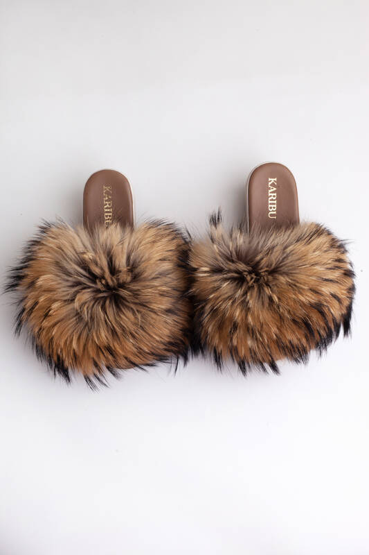 Women's Fur Slides, Sandals with Royal Blue Genuine Fur