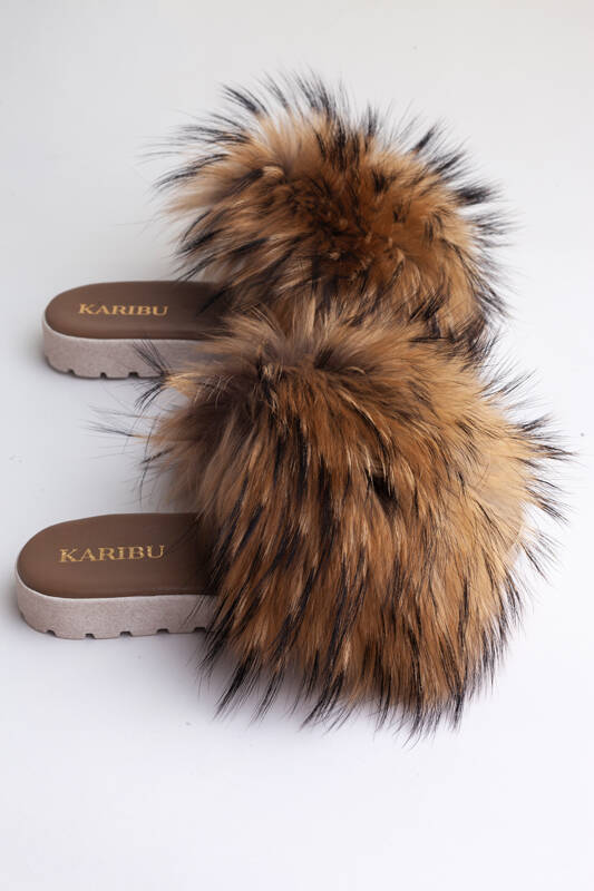 Women's Fur Slides, Sandals with Royal Blue Genuine Fur