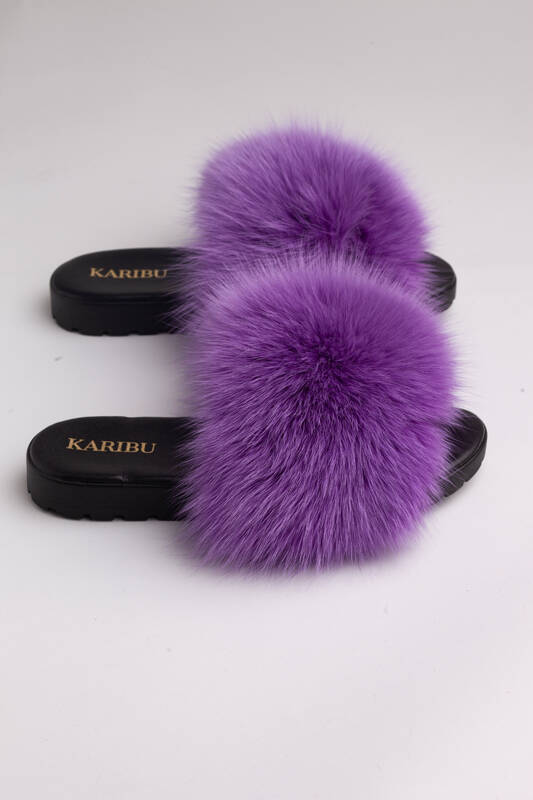 Women's Fur Slides, Sandals with Royal Blue Genuine Fur