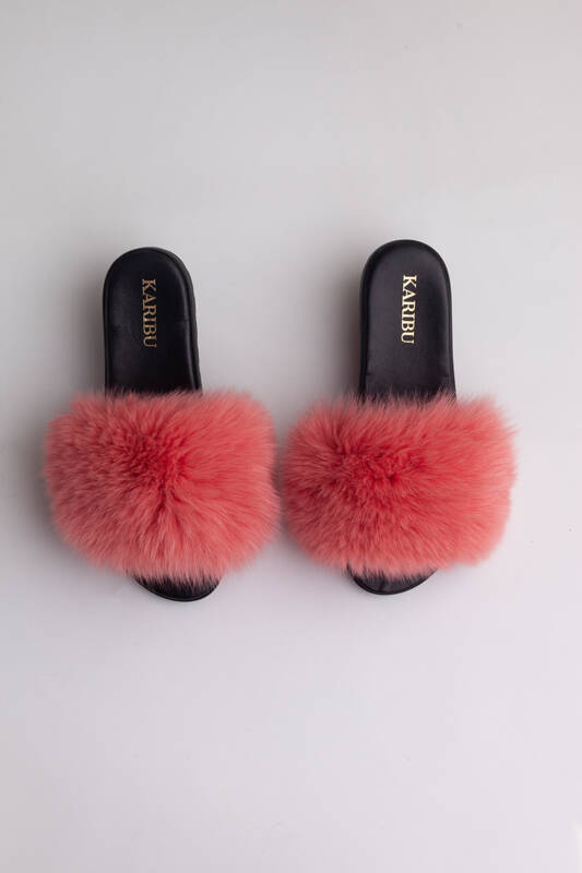 Women's Fur Slides, Sandals with Royal Blue Genuine Fur