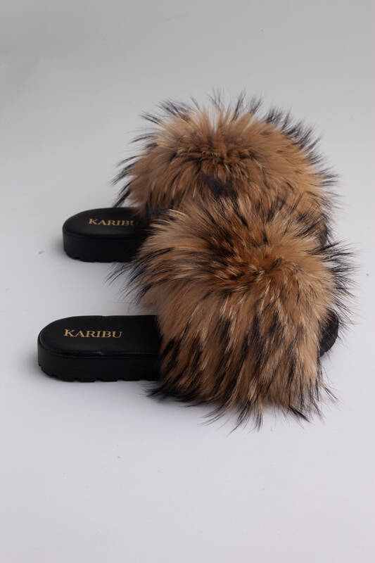 Women's Fur Slides, Sandals with Royal Blue Genuine Fur