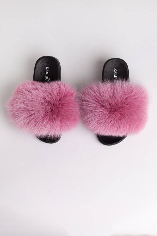 Women s Pink Fur Slides Sandals with Genuine Fox Fur