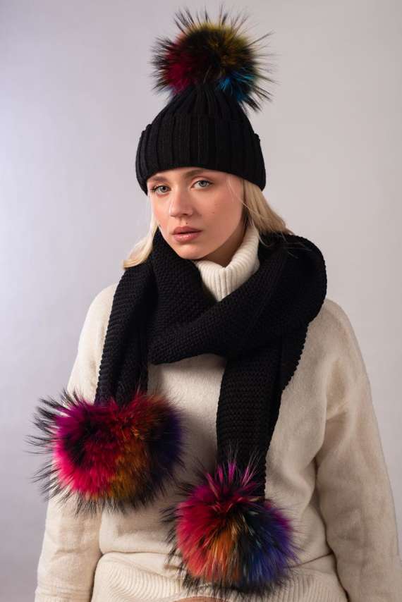 Wool hat and scarf set with genuine fox fur pompoms.
