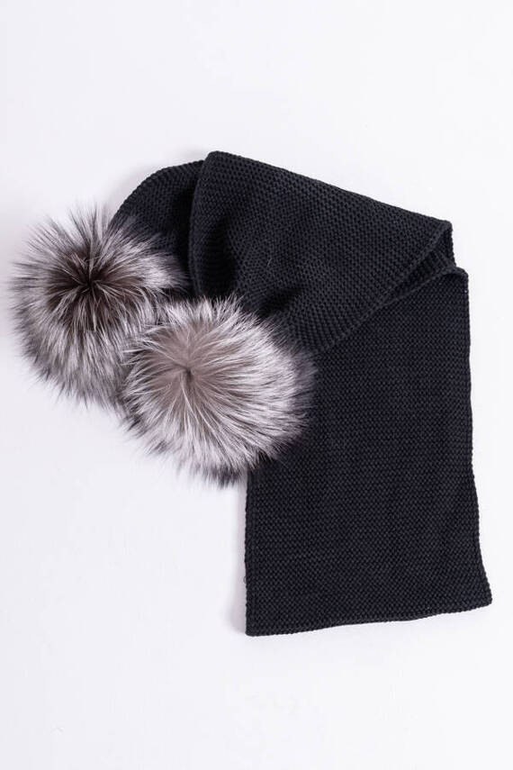 Wool scarf with genuine fox fur pompoms.