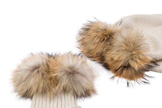 Woolen set with pompoms from a natural Finland raccoon fur 