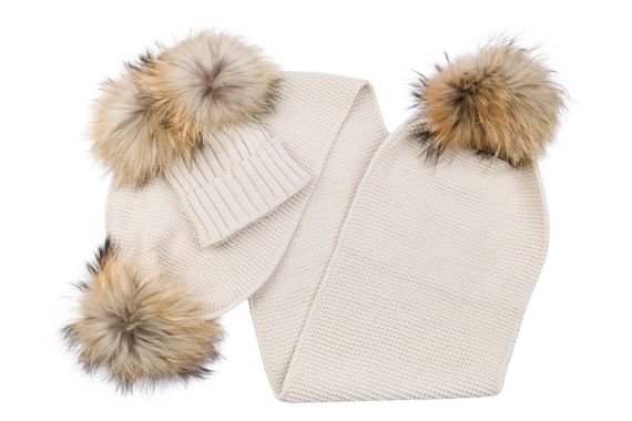 Woolen set with pompoms from a natural Finland raccoon fur 