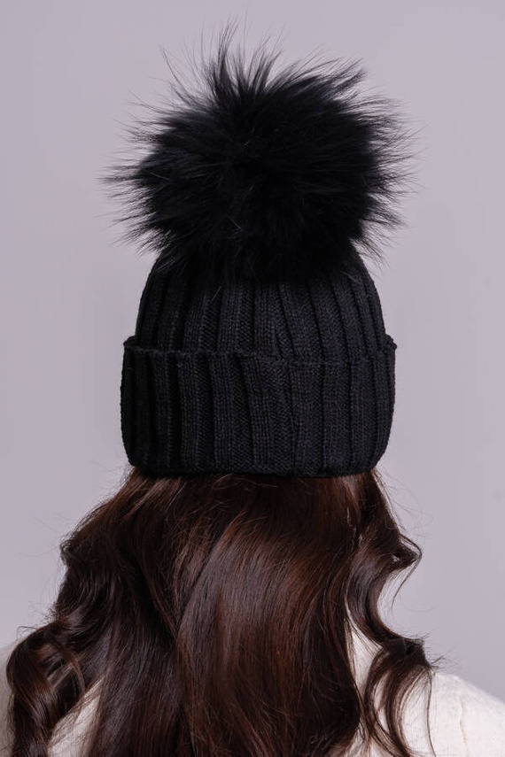 Ladies Fur pompom Ribbed Beanie Hat in black