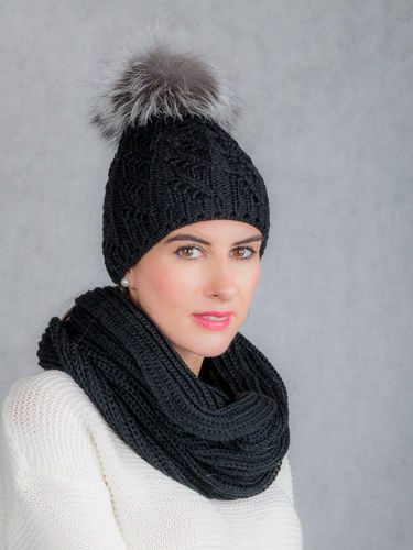 Wool hat and loop set with genuine silver fox fur pompoms 