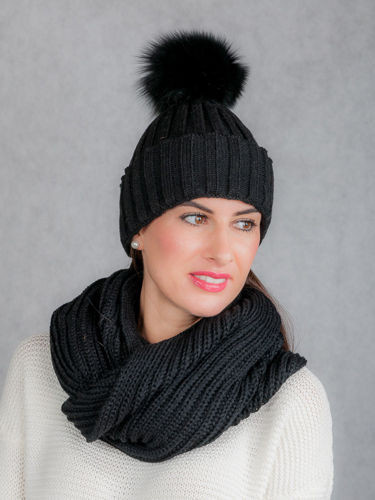 Wool hat and loop set with genuine fox fur pompoms 