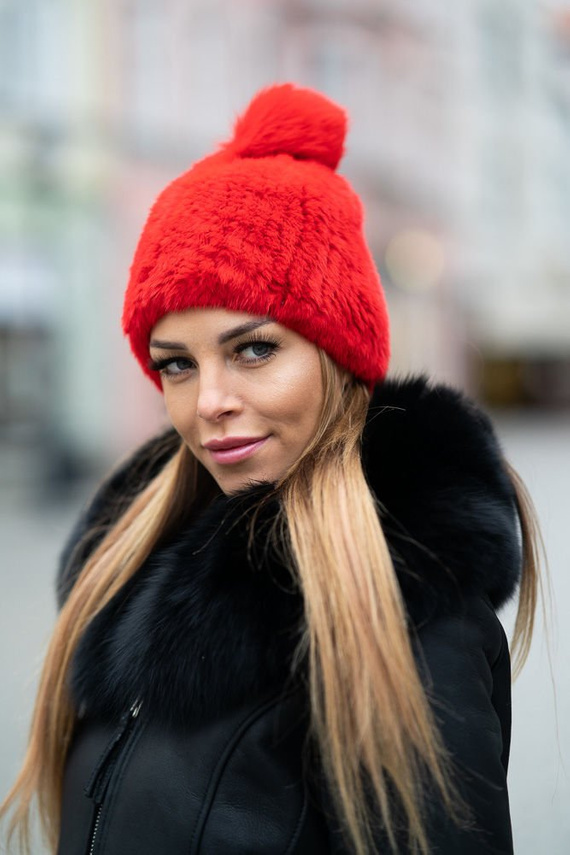 Knit Mink Beanie Hat with Fox Pom Pom in Red.