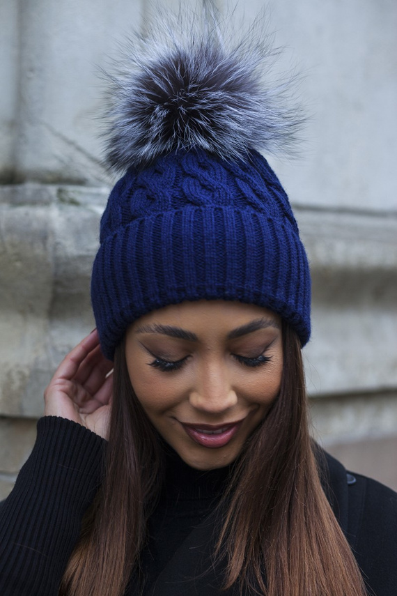  WOOL BEANIE HAT WITH GENUINE RACCOON FUR POM POM