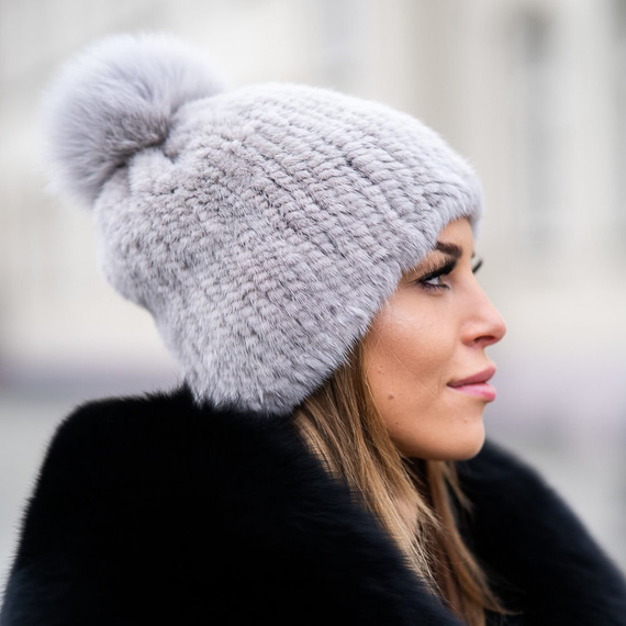 Mink Beanie Hat with Fox Fur Pom Pom in Light Grey