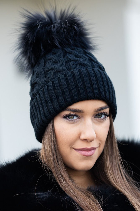 BLACK WOOL HAT WITH GENUINE RACCOON FUR POM POM 