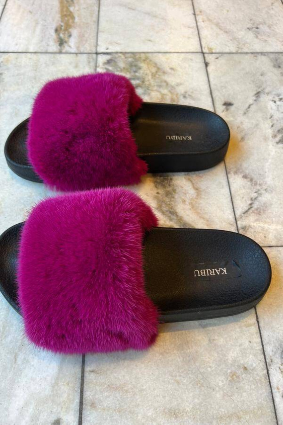 Top Fur Slides, Sandals with Pink and Beige Fur 