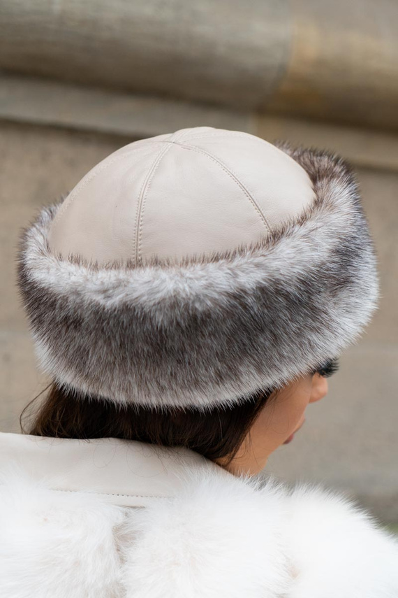 Knit Mink Beanie Hat with Fox Pom Pom in Red.