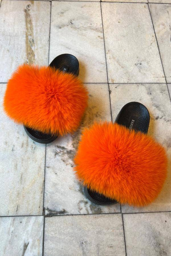 Ladies Fox Fur Slides in Orange, Fashion Sandals 