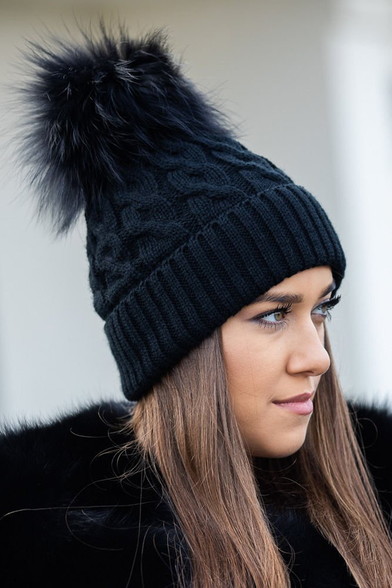 BLACK WOOL HAT WITH GENUINE RACCOON FUR POM POM 