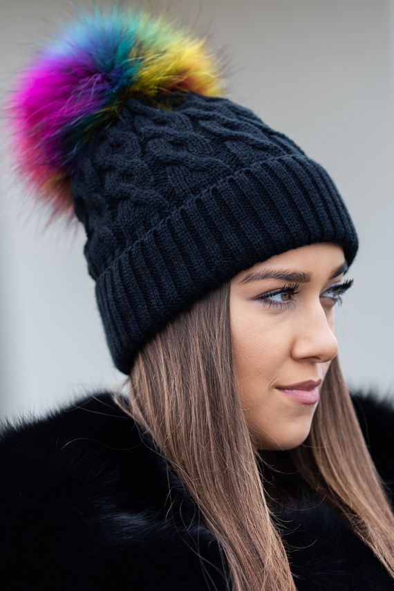 BLACK WOOL HAT WITH GENUINE RACCOON FUR POM POM 