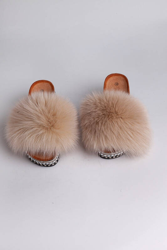 Top Fur Slides, Sandals with Pink and Beige Fur 