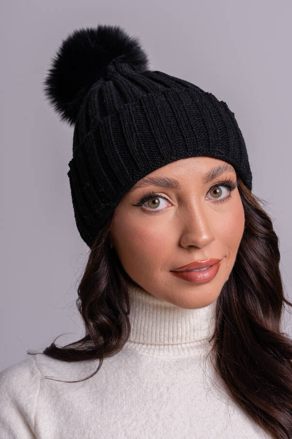 Ladies Fur pompom Ribbed Beanie Hat in black