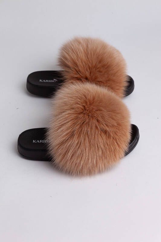 Ladies Fur Slides in Cappucino, Sandals with Genuine Fox Fur