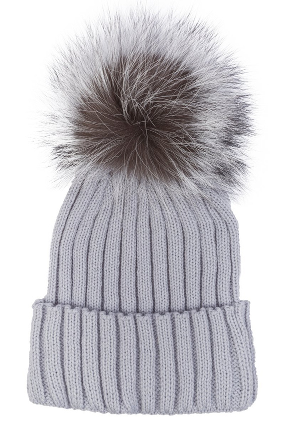 GREY FUR-TRIMMED WOOL BEANIE HAT 