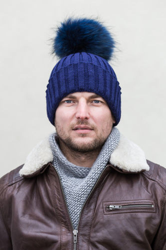 WOOL BEANIE HAT WITH GENUINE RACCOON FUR POM POM IN BLUE