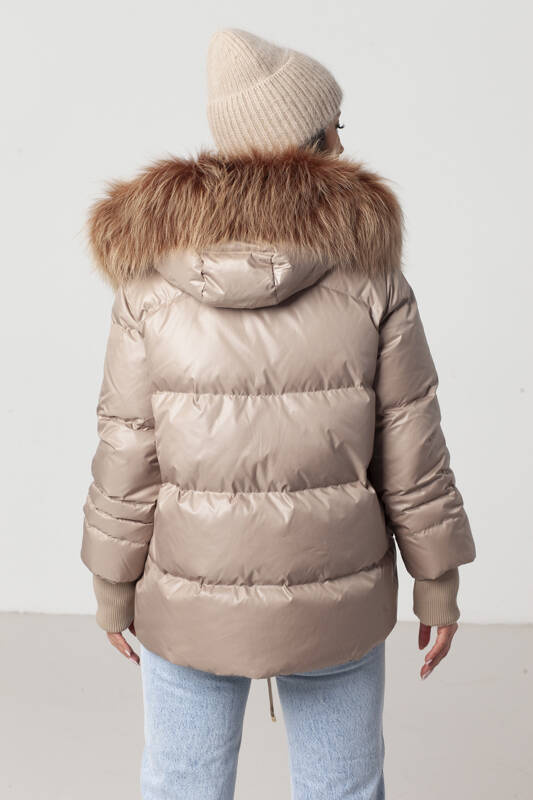 Fur lined Parka Jacket with Genuine Raccoon Fur dyed in Salmon Pink 