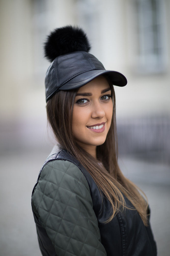 Leather Cap With Fox Fur Pom Pom 