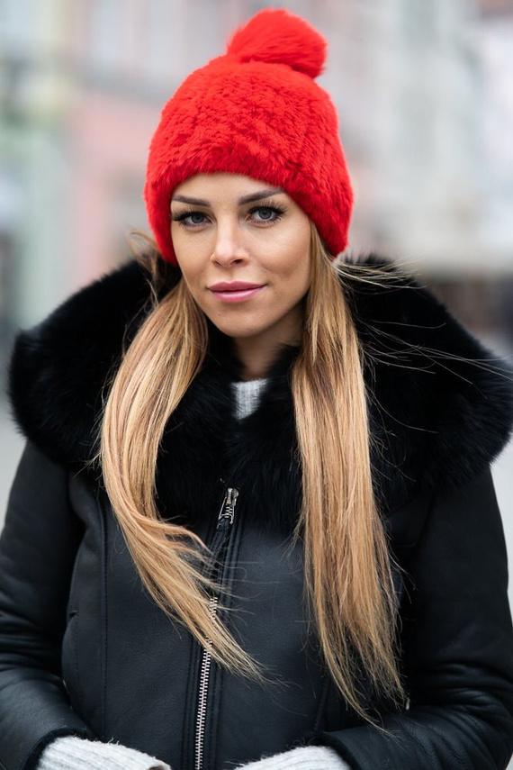 Knit Mink Beanie Hat with Fox Pom Pom in Red.