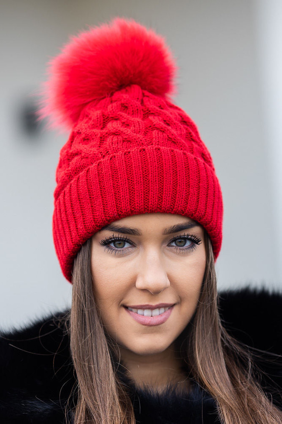  WOOL BEANIE HAT WITH GENUINE FOX FUR POM POM