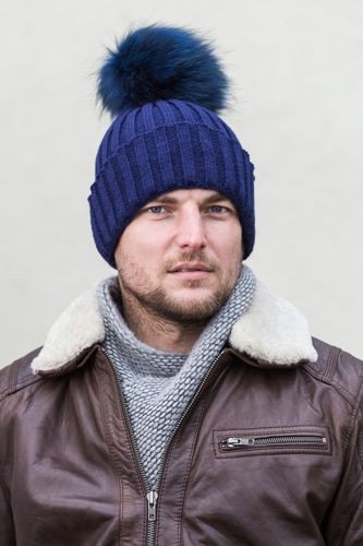 WOOL BEANIE HAT WITH GENUINE RACCOON FUR POM POM IN BLUE