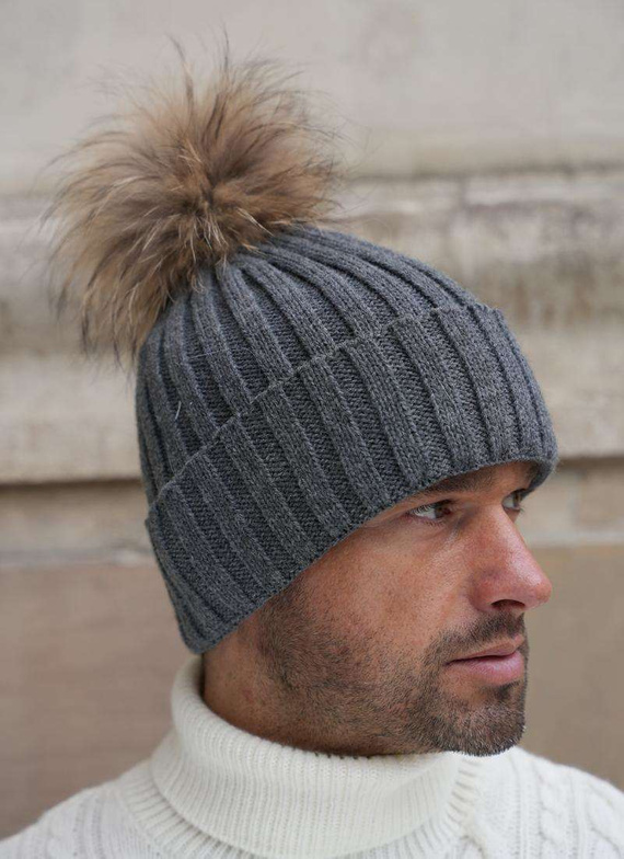 BLACK ALPACA WOOL HAT WITH GENUINE RACCOON FUR POM POM 