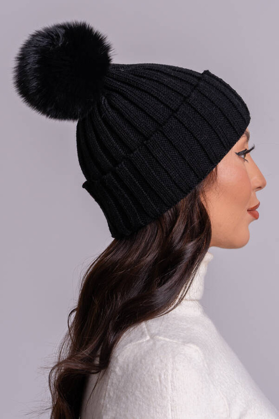 Ladies Fur pompom Ribbed Beanie Hat in black