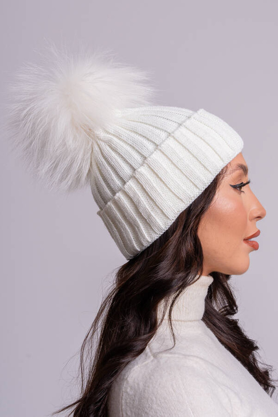  WOOL BEANIE HAT WITH GENUINE RACCOON FUR POM POM