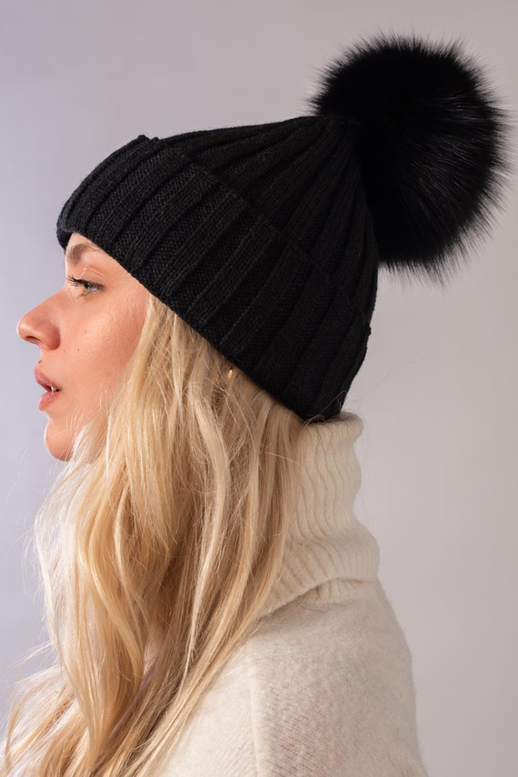 Ladies Fur pompom Ribbed Beanie Hat in black