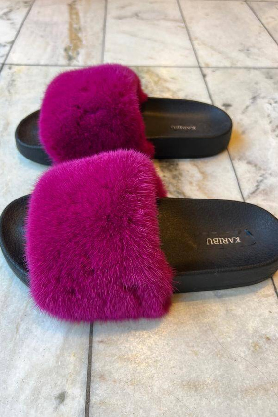 Top Fur Slides, Sandals with Pink and Beige Fur 