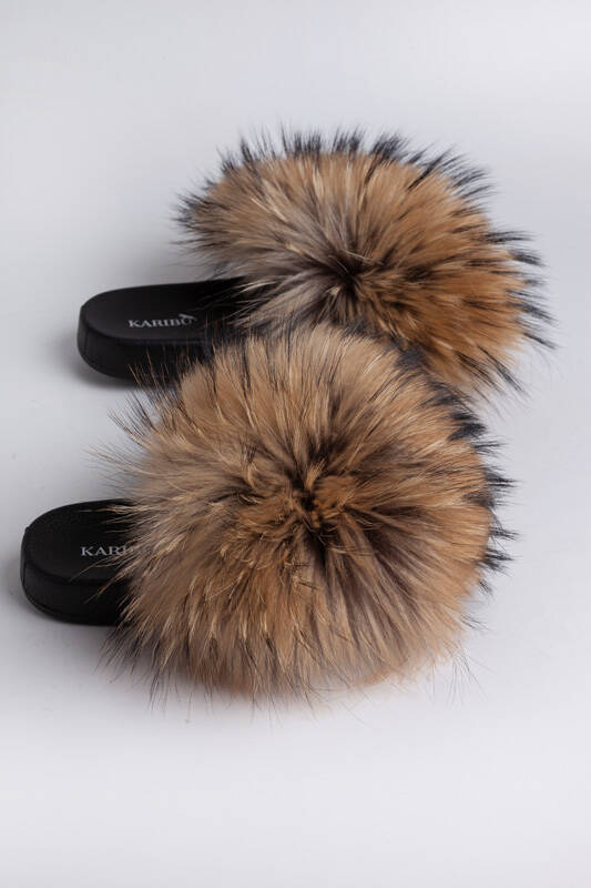 Women's Fin Raccoon Fur Slides, Sandals with Genuine Raccoon Fur