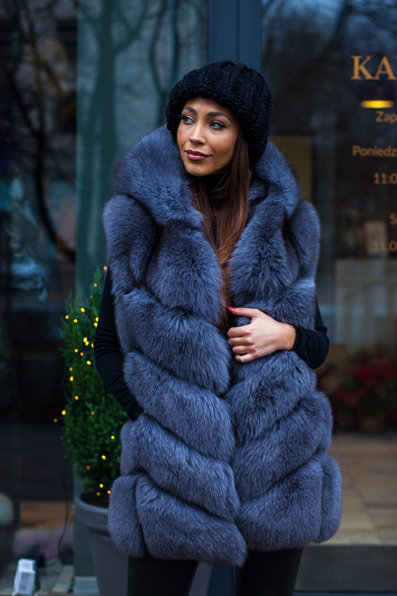 Woman’s Genuine Silver Fox Fur Waistcoat with Hood