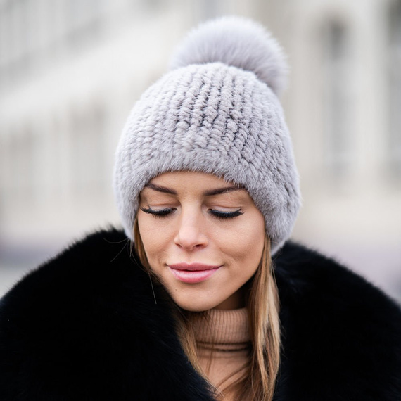 Mink Beanie Hat with Fox Fur Pom Pom in Light Grey