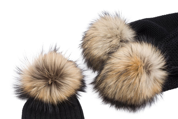 Woolen set with pompoms from a natural Finland raccoon fur 