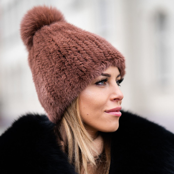 Mink Beanie Hat with Fox Fur Pom Pom in Brown