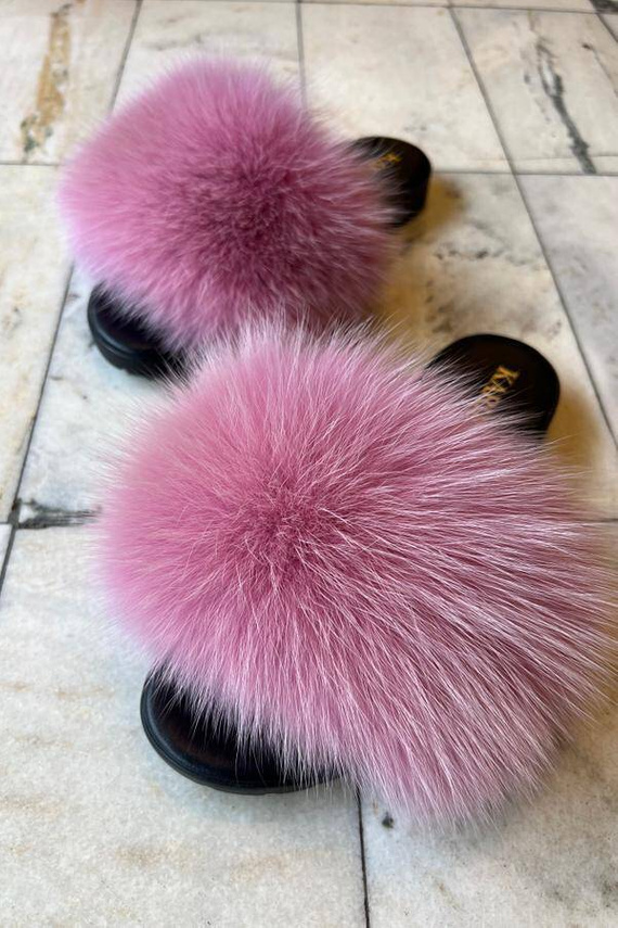 Women's Fur Slides, Sandals with Royal Blue Genuine Fur