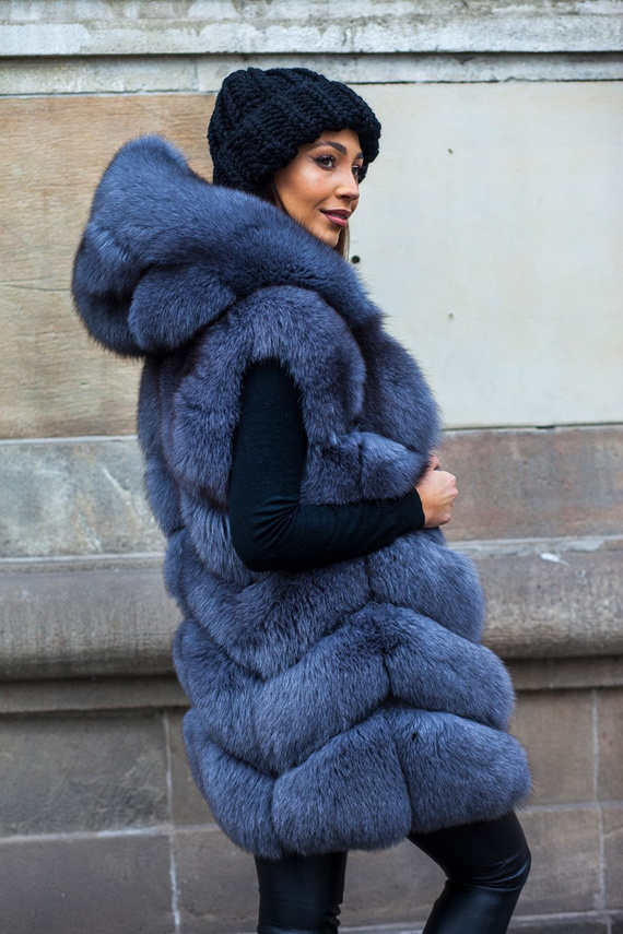 Woman’s Genuine Silver Fox Fur Waistcoat with Hood