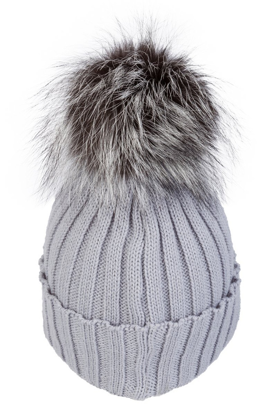 GREY FUR-TRIMMED WOOL BEANIE HAT 