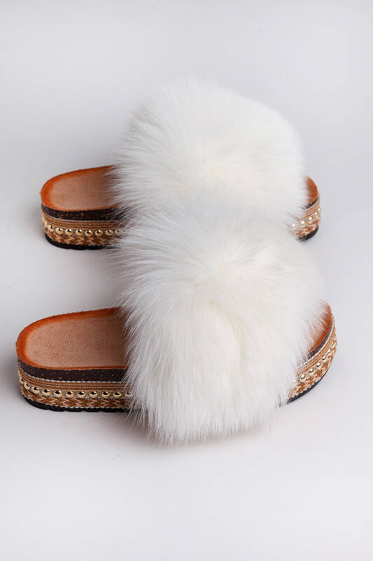 Top Fur Slides, Sandals with Pink and Beige Fur 