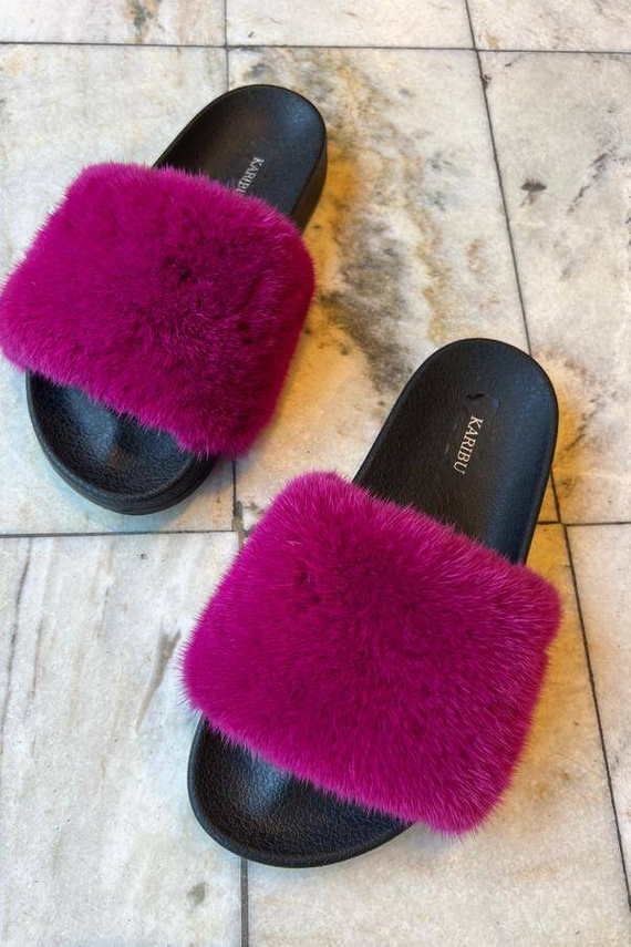 Top Fur Slides, Sandals with Pink and Beige Fur 